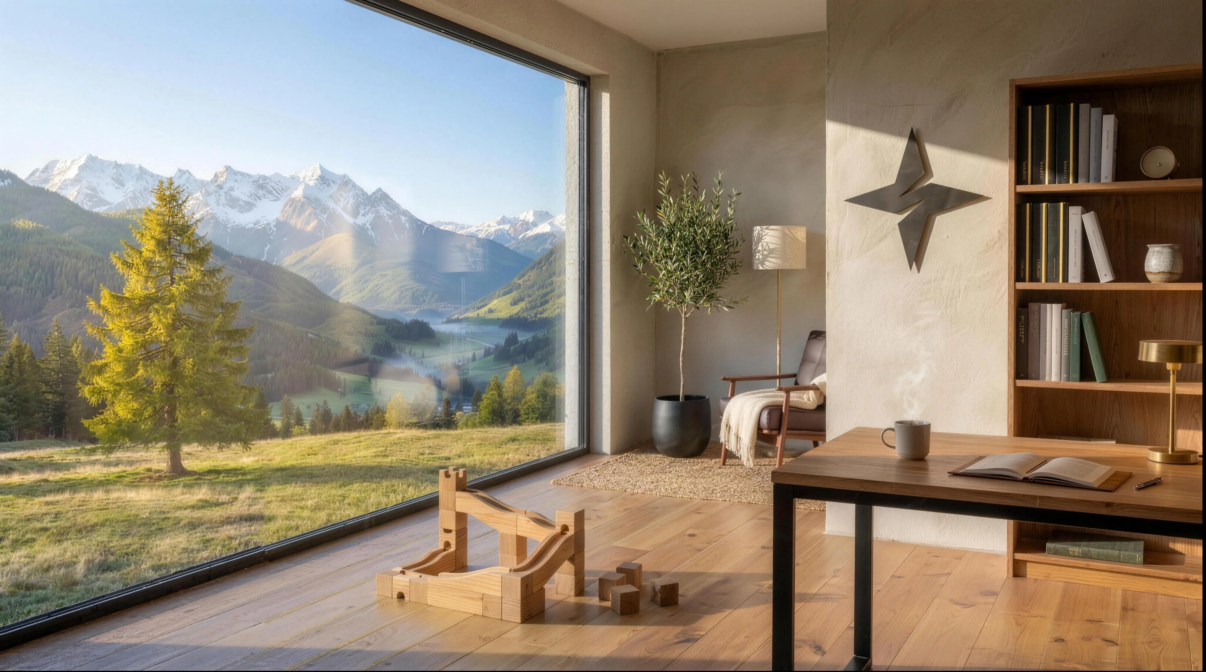 Arbeitszimmer mit Blick auf ein Bergpanorama, Spark-Stern an der Wand